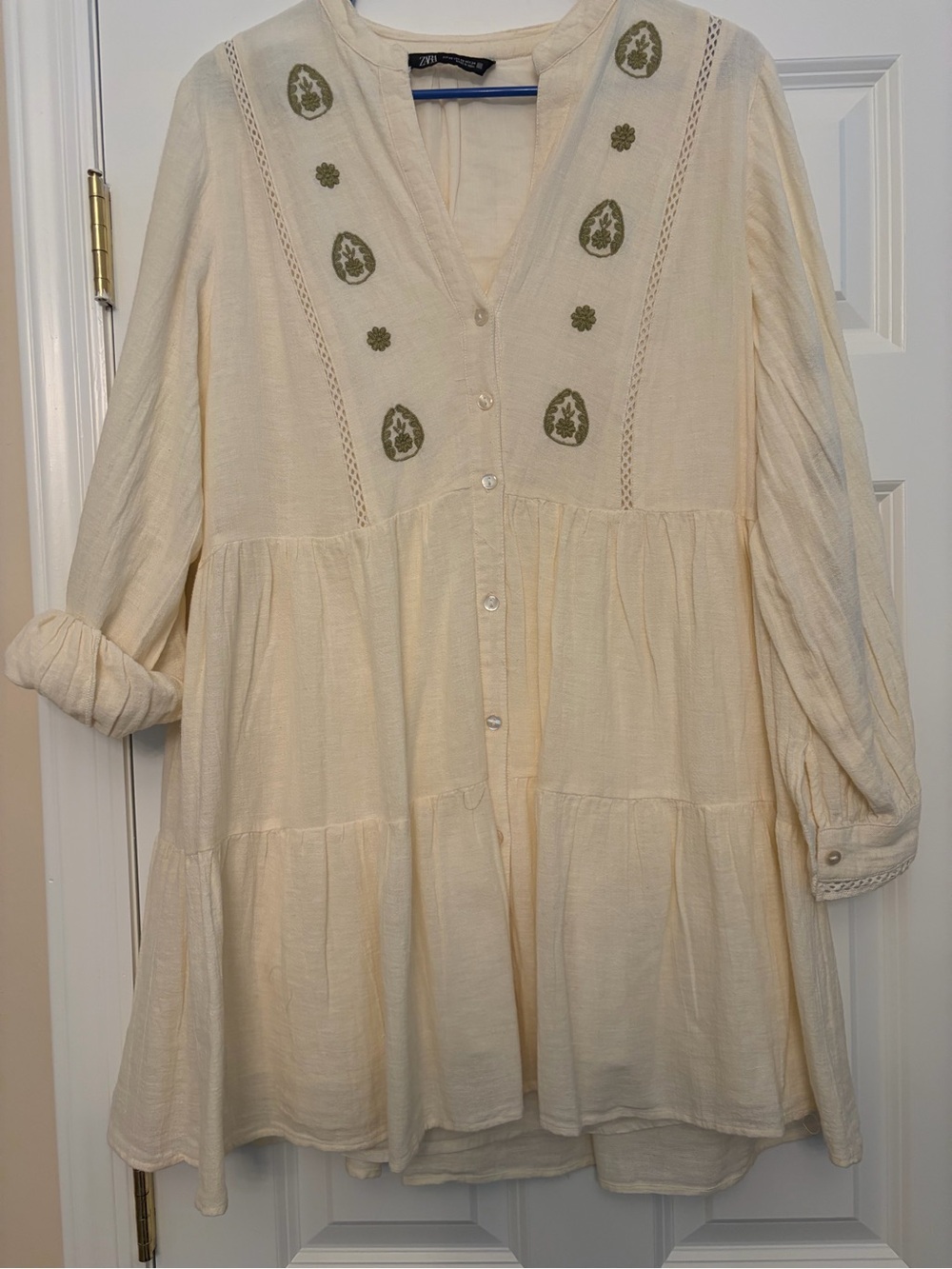 Zara Cream Button-Front Boho Tunic with Olive Embroidery